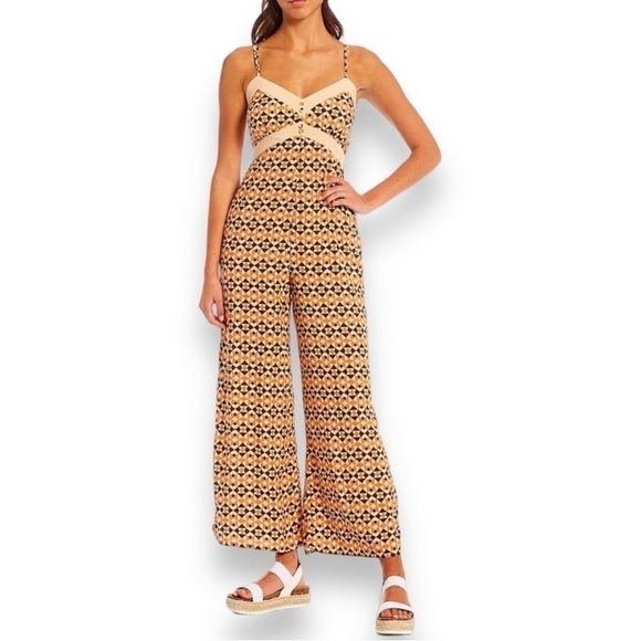 Coco + Jaimeson Brown Geo V-Neck Sleeveless Printed Spaghetti Strap Jumpsuit NWT - Picture 1 of 14